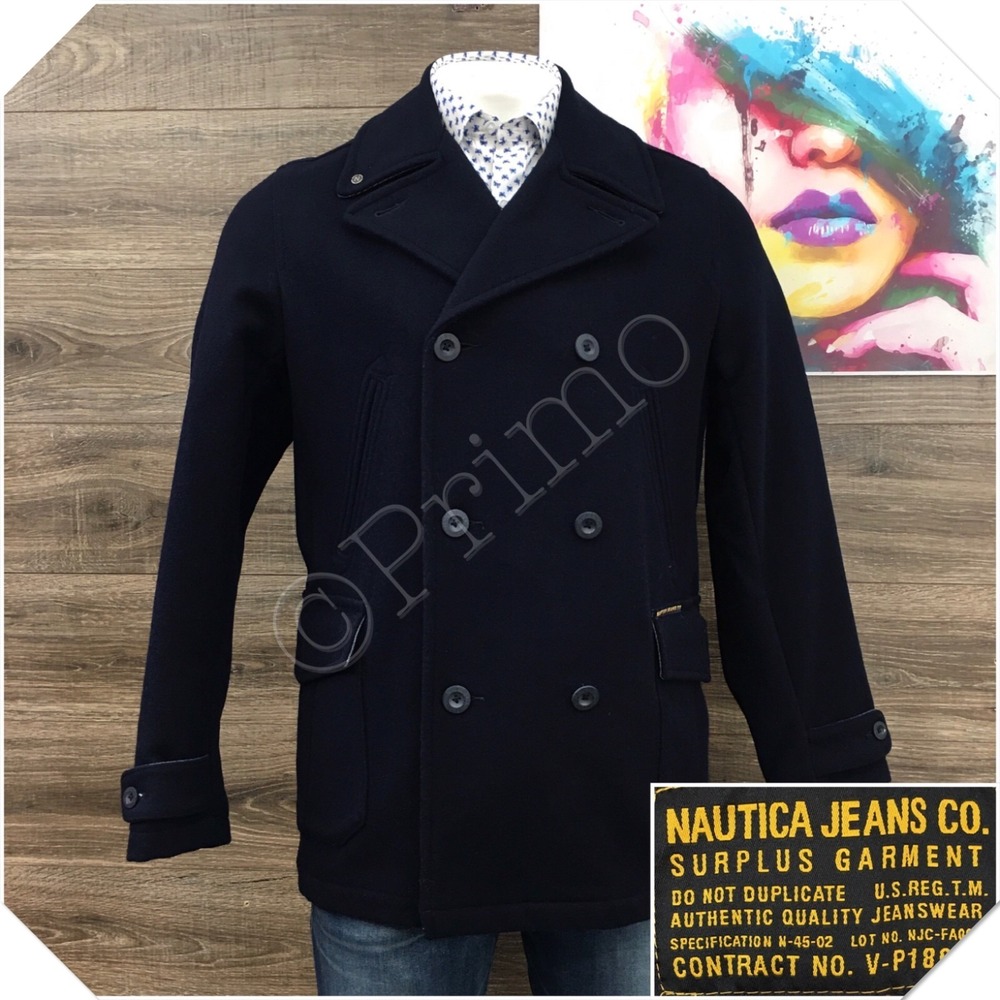 VINTAGE NAUTICA Pea Coat Long‎ Jacket Mens Oversized M Thick Wool Navy